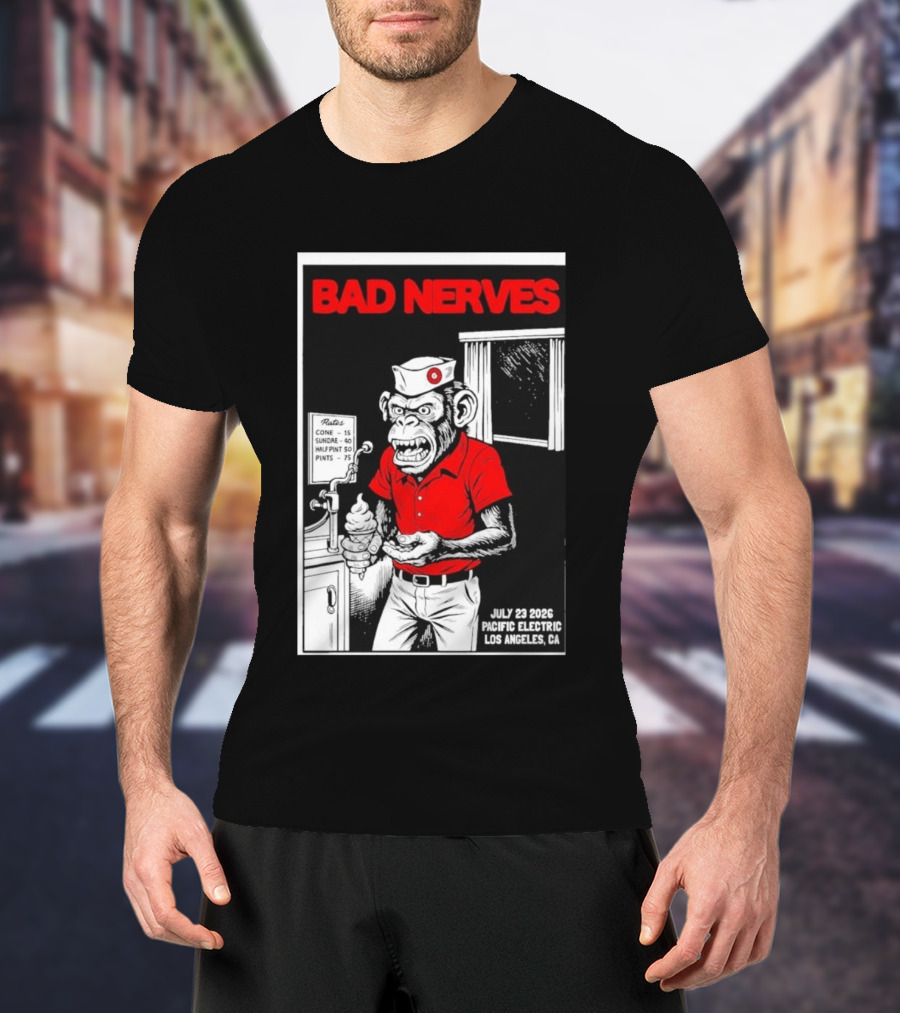 Bad Nerves July 23 2026 Pacific Electric Los Angeles Monkey Ice Cream Server Comic T-Shirt