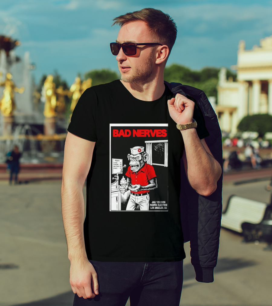 Bad Nerves July 23 2026 Pacific Electric Los Angeles Monkey Ice Cream Server Comic T-Shirt