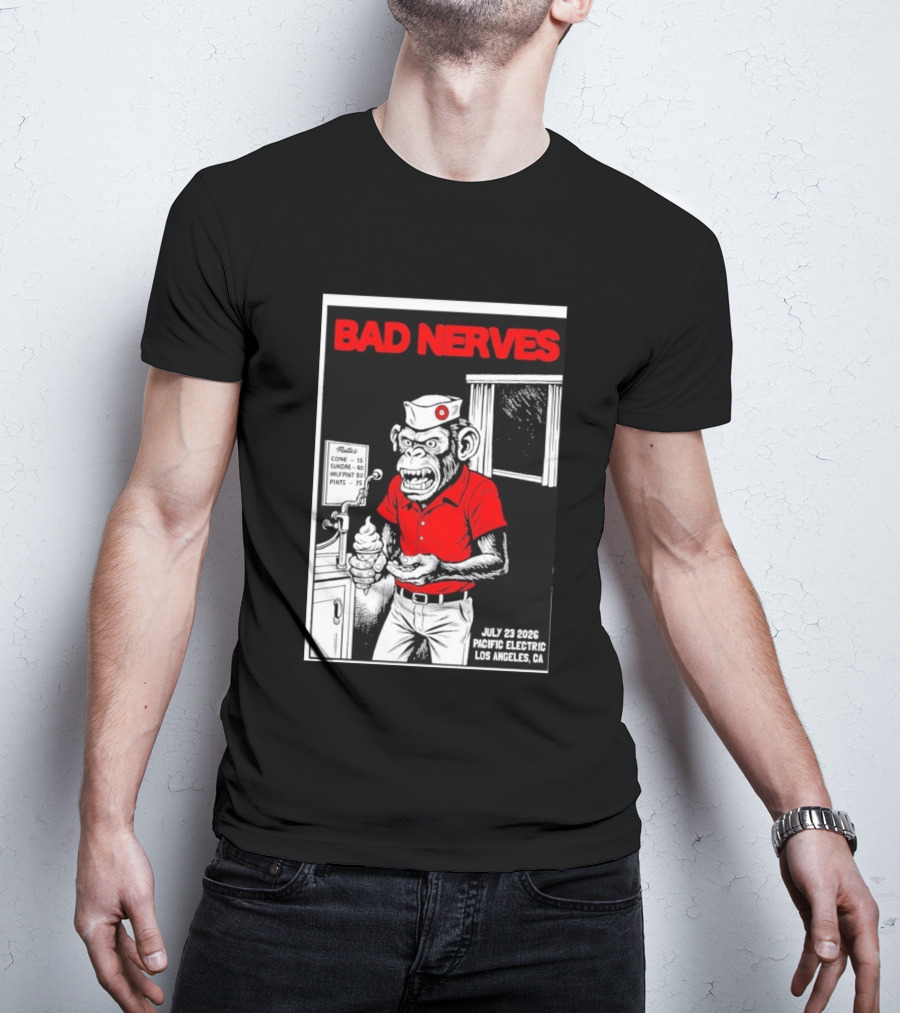 Bad Nerves July 23 2026 Pacific Electric Los Angeles Monkey Ice Cream Server Comic T-Shirt