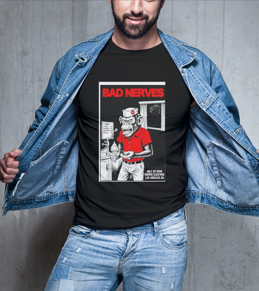 Bad Nerves July 23 2026 Pacific Electric Los Angeles Monkey Ice Cream Server Comic T-Shirt