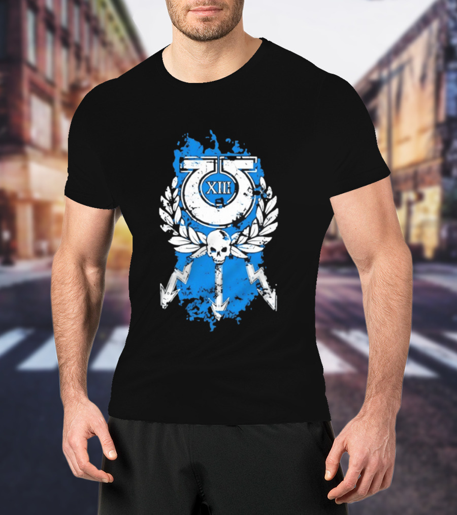 XIII Ultramarines Distressed Warhammer 40k Skull Lightning Laurel T-Shirt