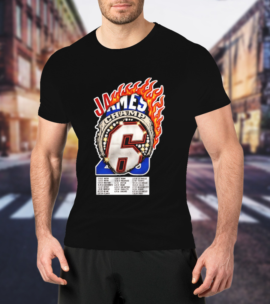 LeBron James Champ 6 Milestone Dates Cleveland Miami Los Angeles 2012 2013 2016 2020 T-Shirt