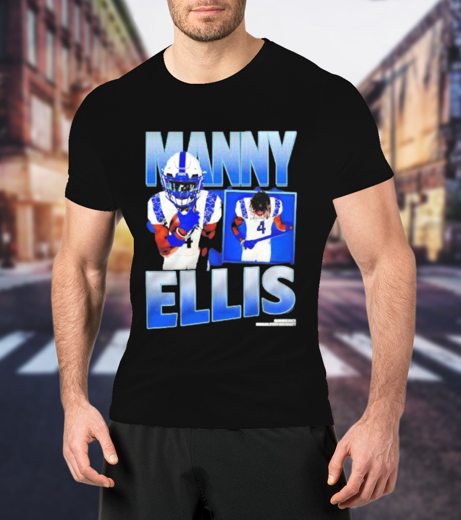 Manny Ellis Indiana State Running Back Football Jersey Number 4 Blue And White T-Shirt
