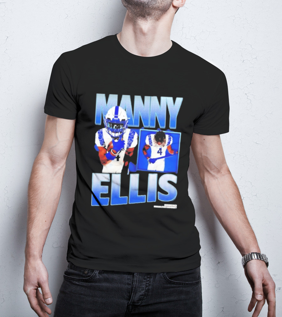 Manny Ellis Indiana State Running Back Football Jersey Number 4 Blue And White T-Shirt