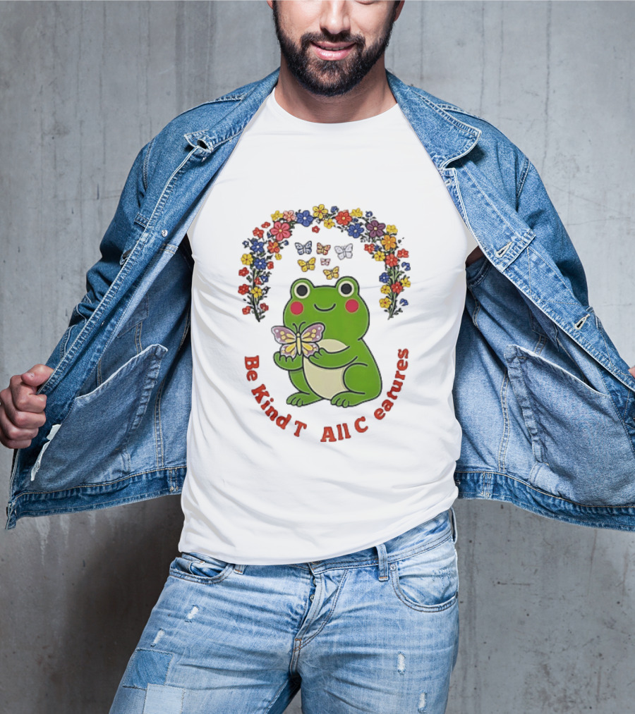 Be Kind To All Creatures Frog Butterfly Floral Rainbow T-Shirt