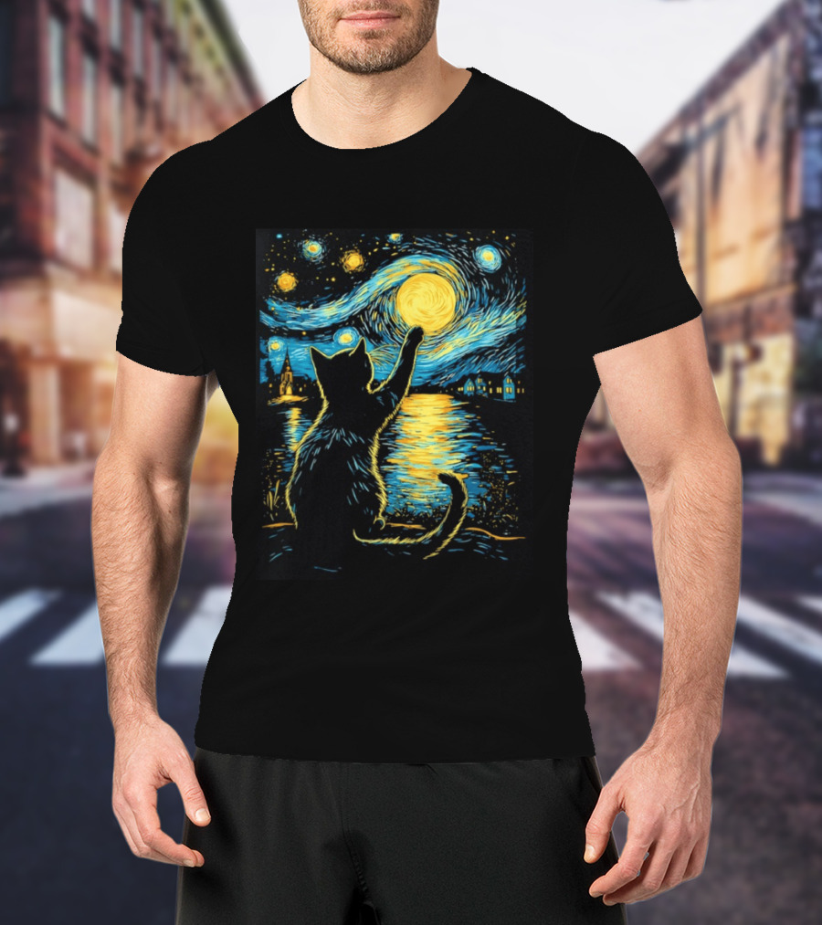 Cat Reaching For The Moon Starry Night Van Gogh Inspired Scene T-Shirt