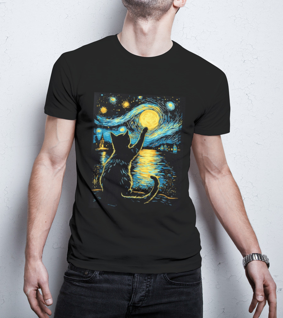 Cat Reaching For The Moon Starry Night Van Gogh Inspired Scene T-Shirt