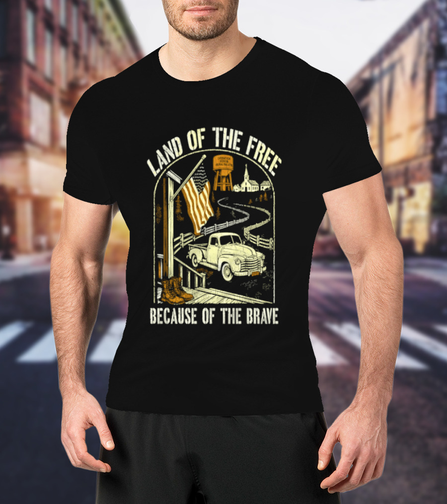 Land Of The Free Because Of The Brave American Patriotic Farm Truck With Flag And Country Landscape T-Shirt