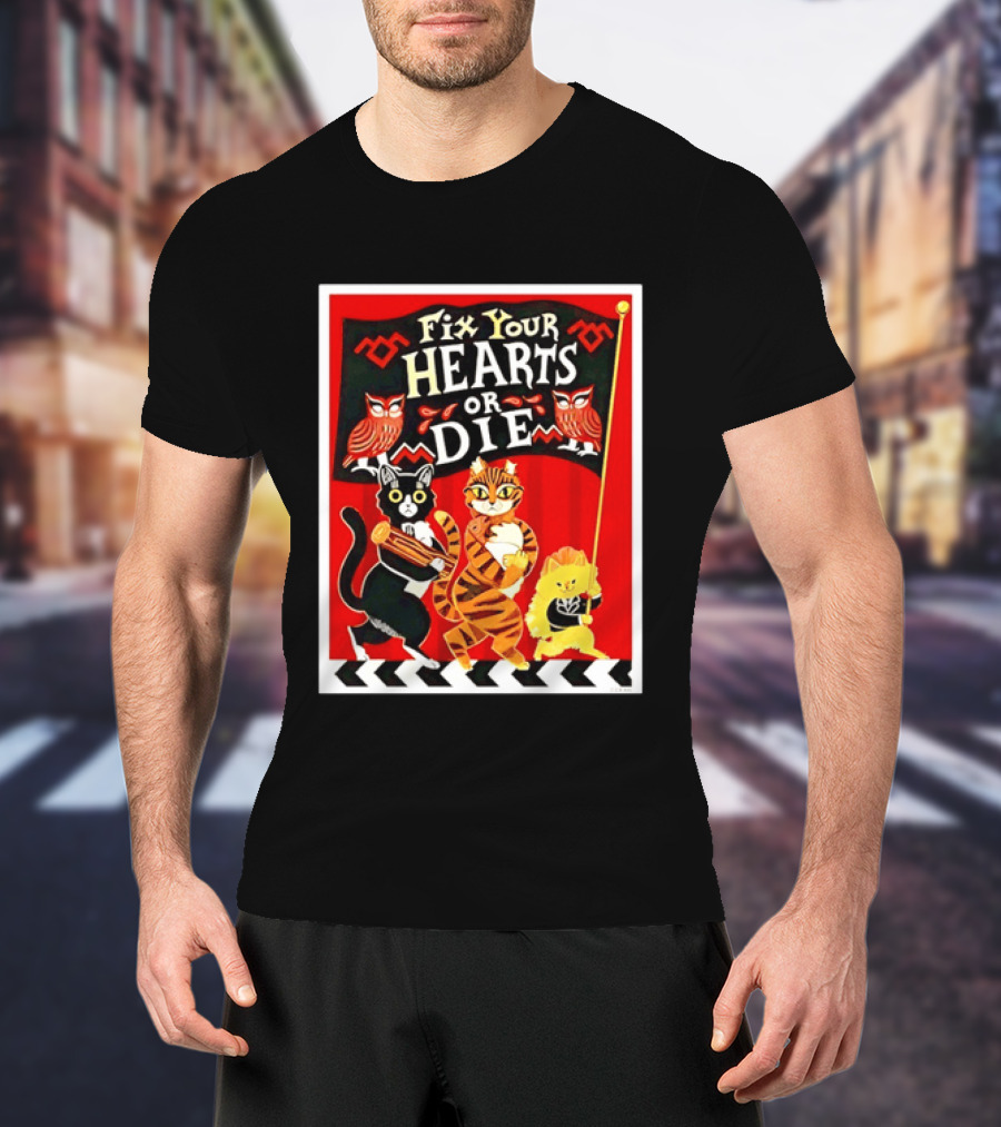 Twin Peaks Cats Fix Your Hearts Or Die David Lynch Owls Red Banner T-Shirt