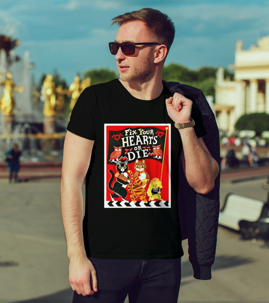 Twin Peaks Cats Fix Your Hearts Or Die David Lynch Owls Red Banner T-Shirt