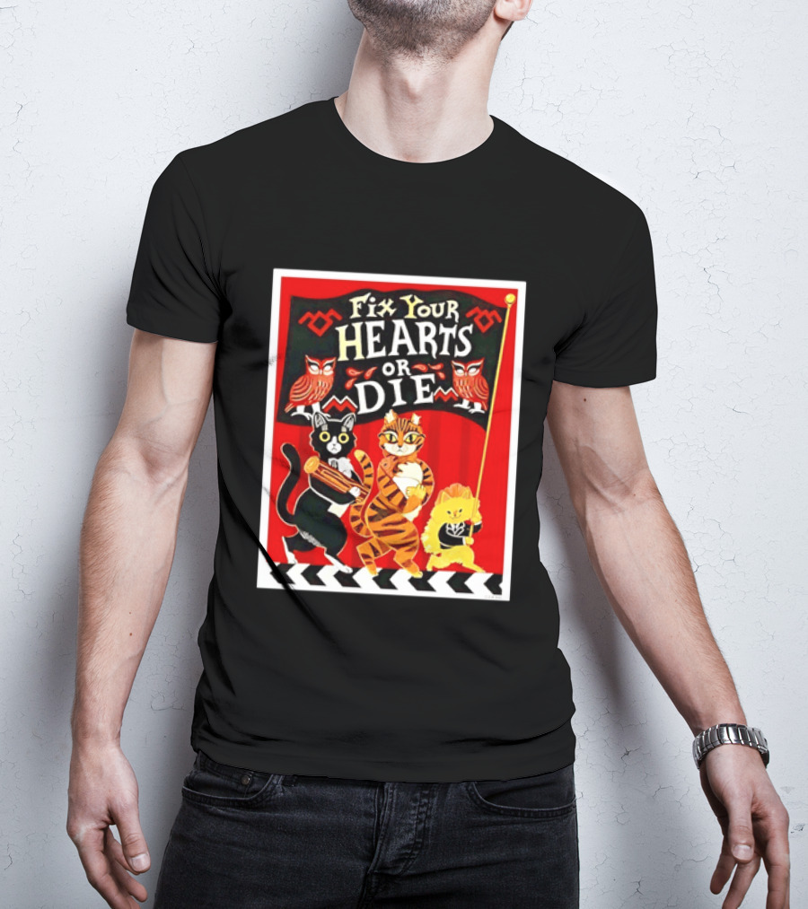 Twin Peaks Cats Fix Your Hearts Or Die David Lynch Owls Red Banner T-Shirt