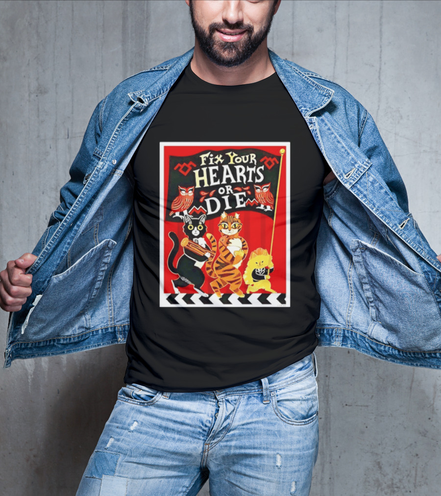 Twin Peaks Cats Fix Your Hearts Or Die David Lynch Owls Red Banner T-Shirt