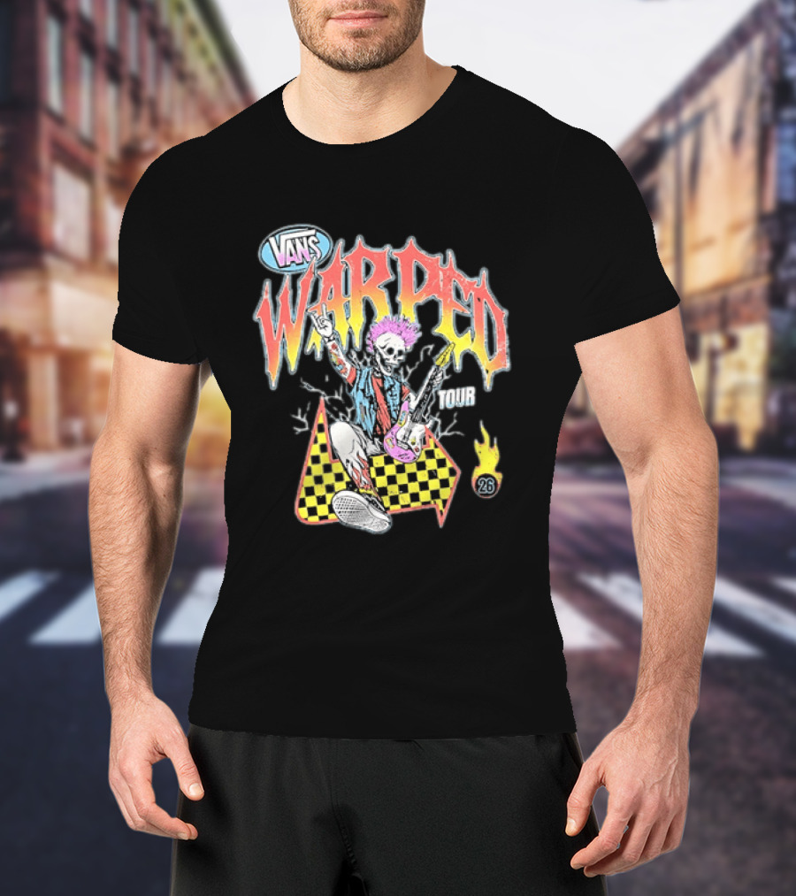 Vans Warped Tour 2026 Punk Rock Skeleton Guitarist With Colorful Mohawk T-Shirt