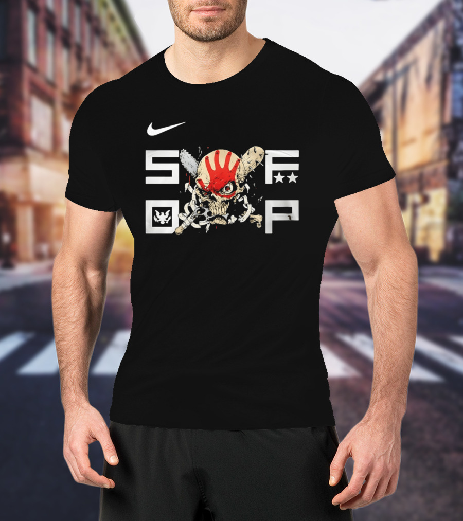 SDFP Skull Chains Brass Knuckles Design With Nike Logo And Red Handprint T-Shirt