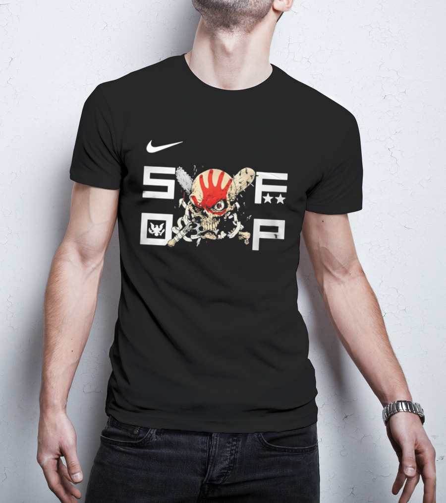 SDFP Skull Chains Brass Knuckles Design With Nike Logo And Red Handprint T-Shirt