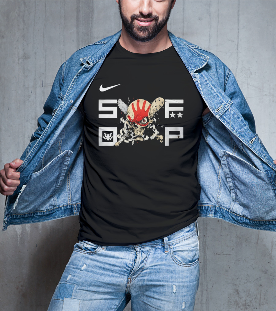 SDFP Skull Chains Brass Knuckles Design With Nike Logo And Red Handprint T-Shirt