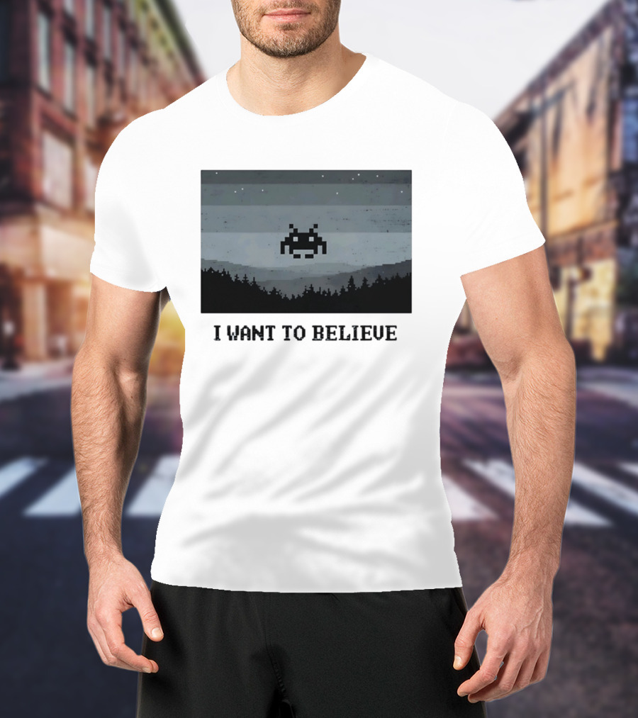 I Want To Believe Space Invader Pixel UFO Forest Scene T-Shirt