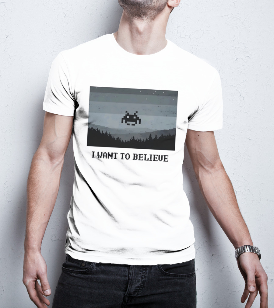 I Want To Believe Space Invader Pixel UFO Forest Scene T-Shirt