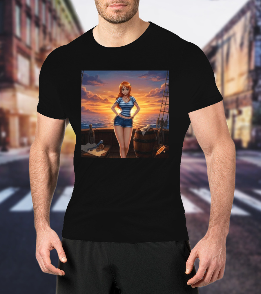 Nami One Piece Joyful Sunset Pirate Ship Ocean Scene T-Shirt