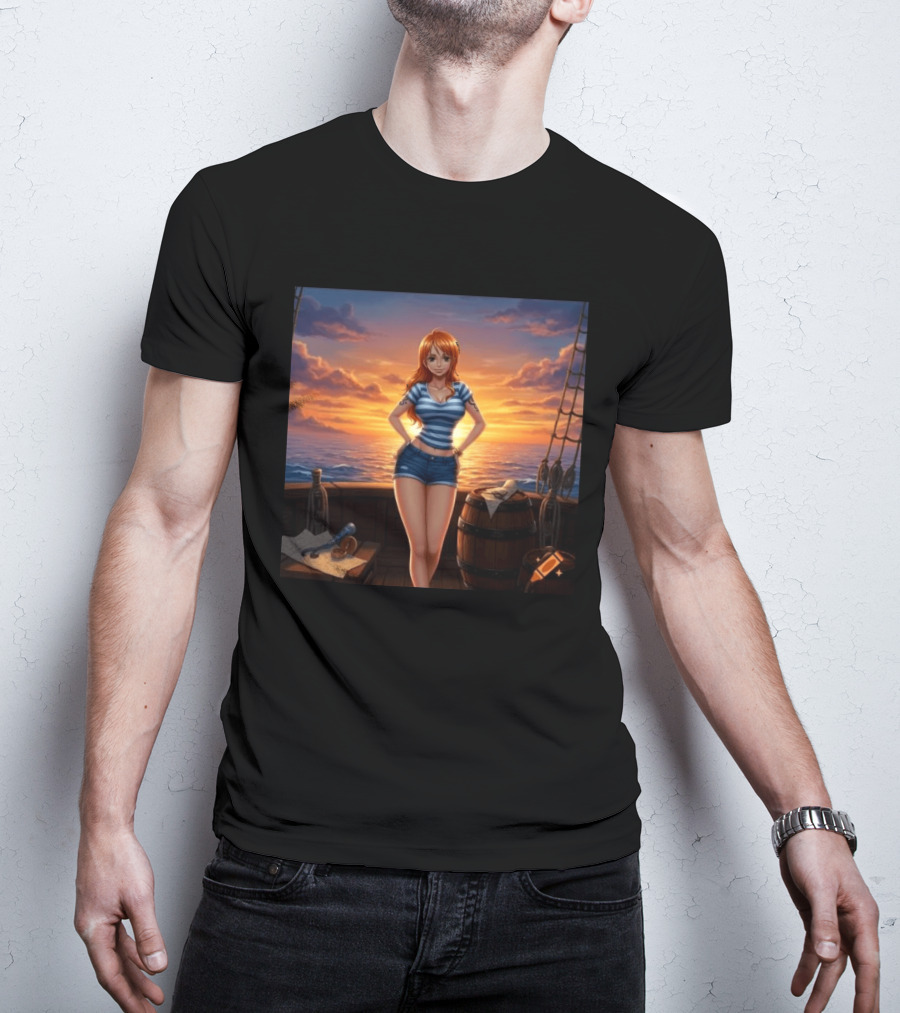Nami One Piece Joyful Sunset Pirate Ship Ocean Scene T-Shirt