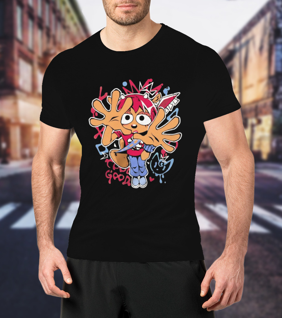 True Good Anime Distressed Graffiti Cartoon Character With Red Hair And Large Hands T-Shirt