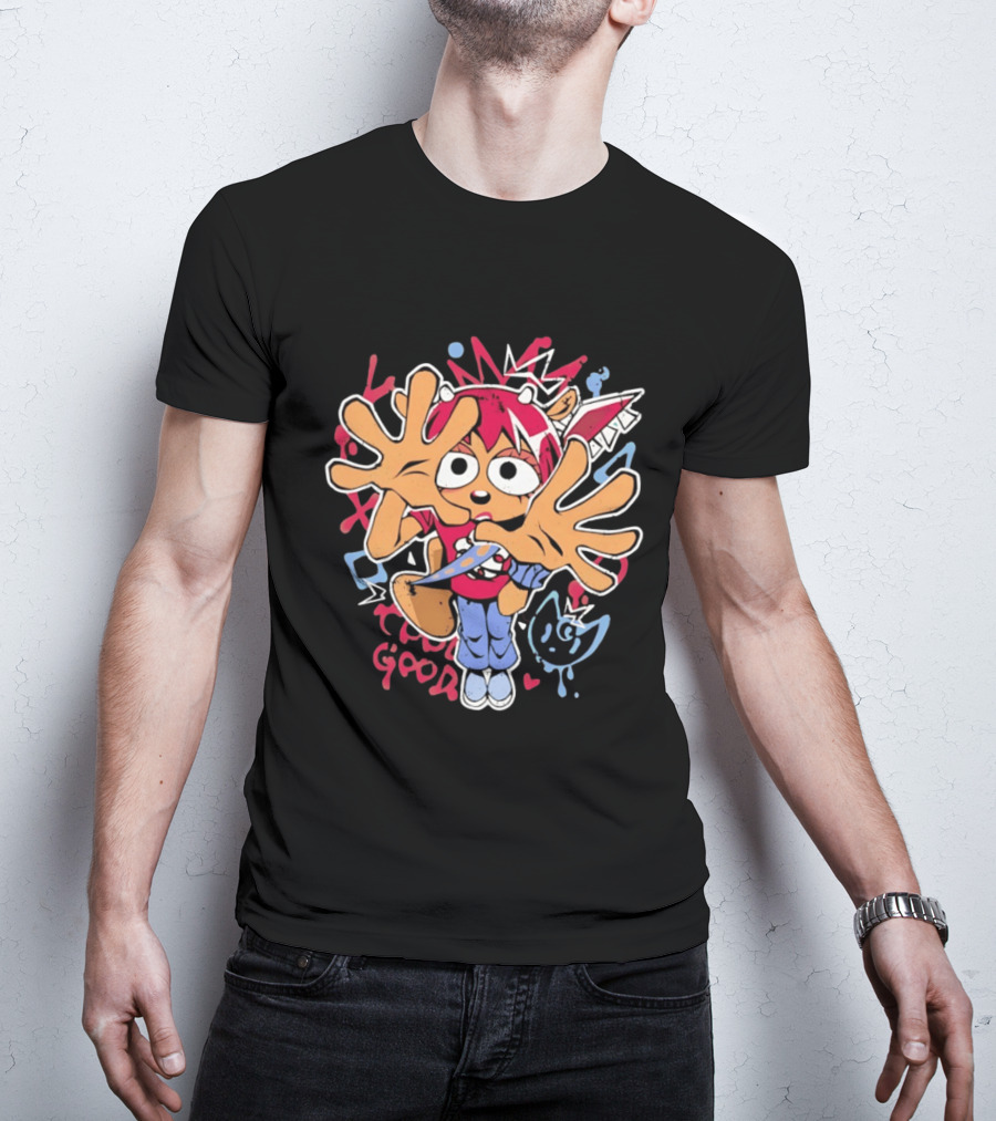 True Good Anime Distressed Graffiti Cartoon Character With Red Hair And Large Hands T-Shirt