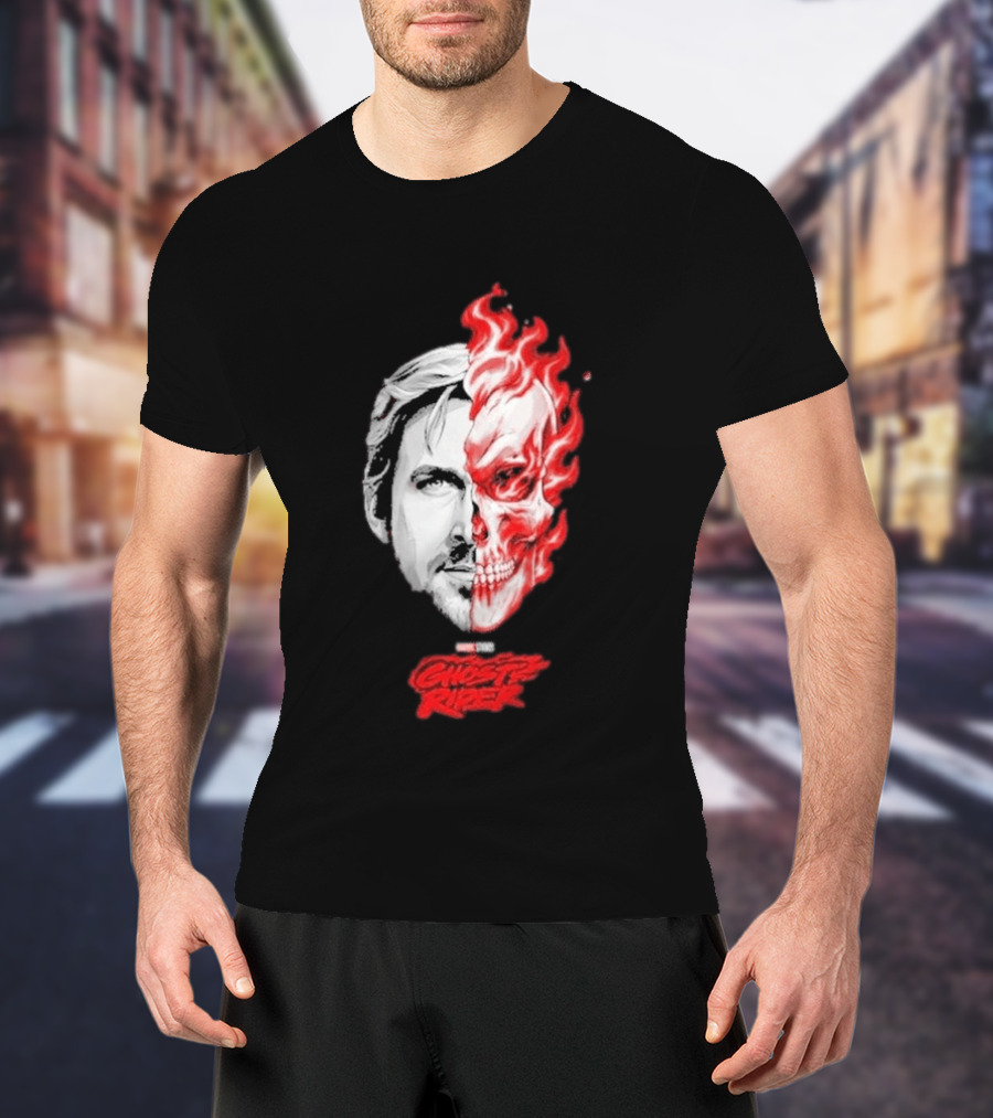 Ryan Gosling Ghost Rider 2028 Split Face Fiery Skull T-Shirt