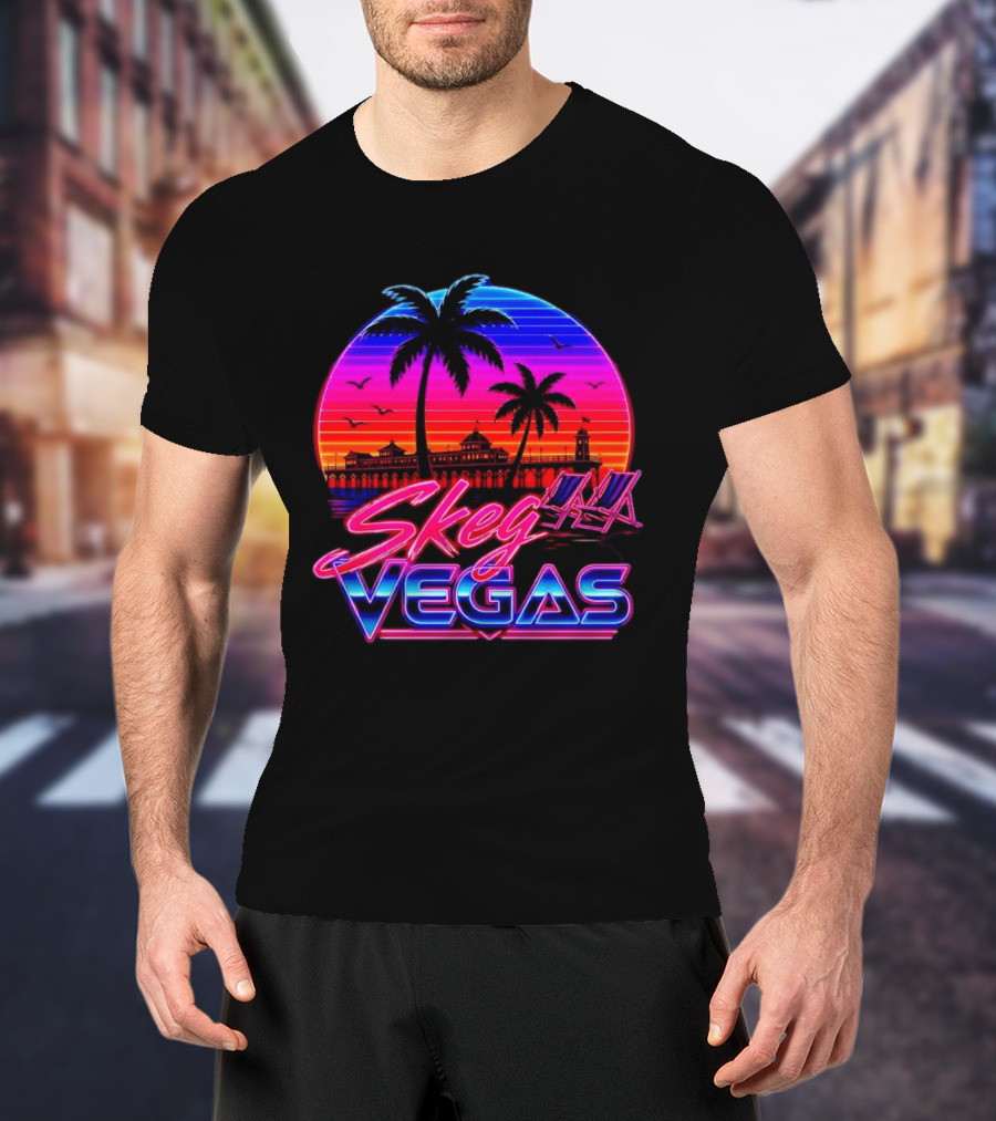 Skeg Vegas Beach Pier Sunset Skegness Retro Neon T-Shirt