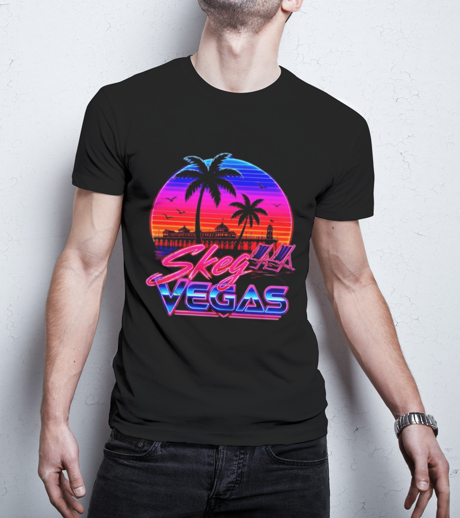 Skeg Vegas Beach Pier Sunset Skegness Retro Neon T-Shirt