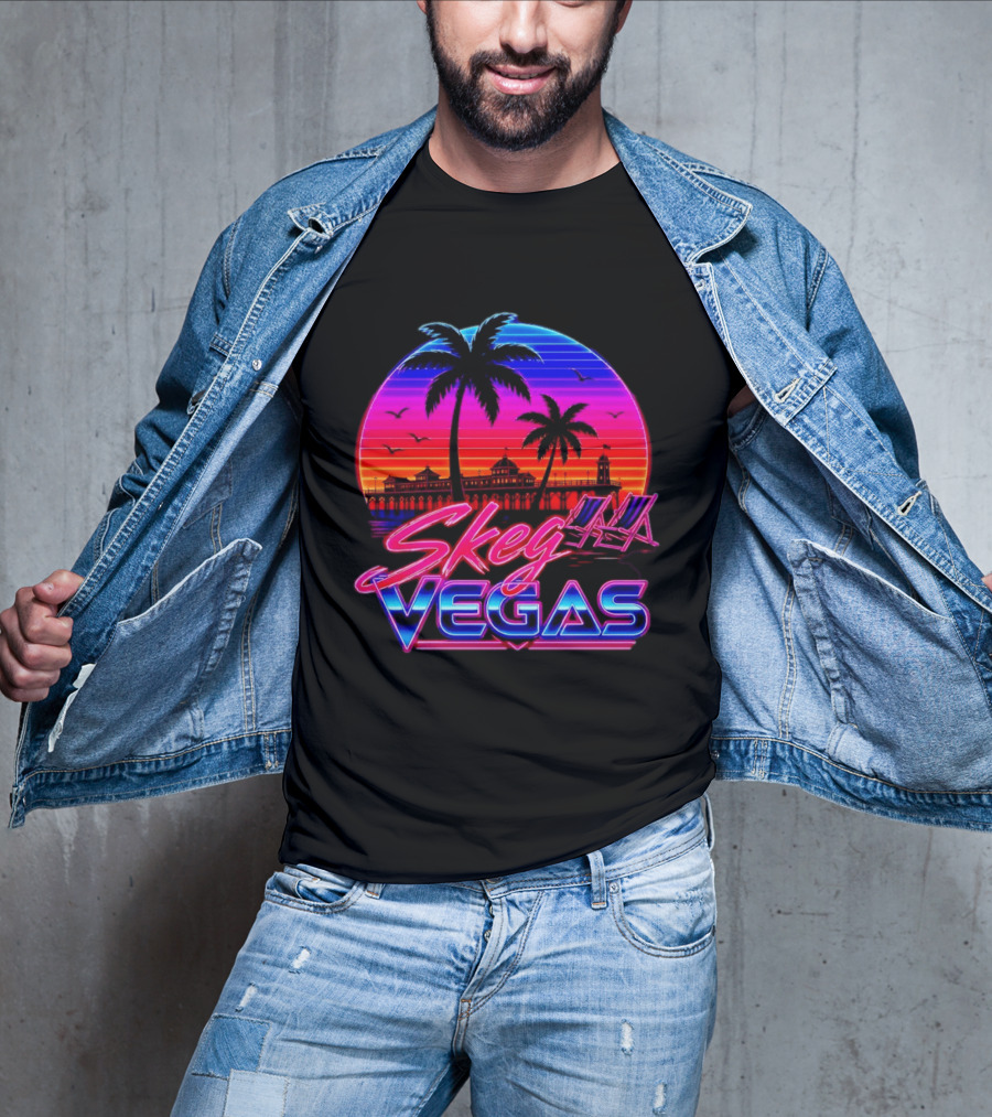 Skeg Vegas Beach Pier Sunset Skegness Retro Neon T-Shirt