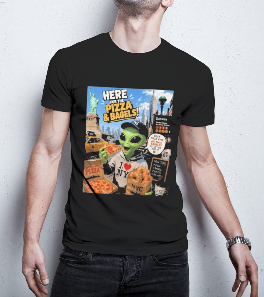 NYC Alien Loves Pizza And Bagels With Statue Of Liberty And Times Square Subway T-Shirt