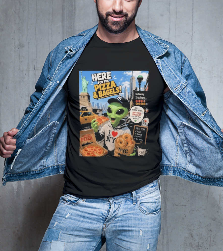 NYC Alien Loves Pizza And Bagels With Statue Of Liberty And Times Square Subway T-Shirt