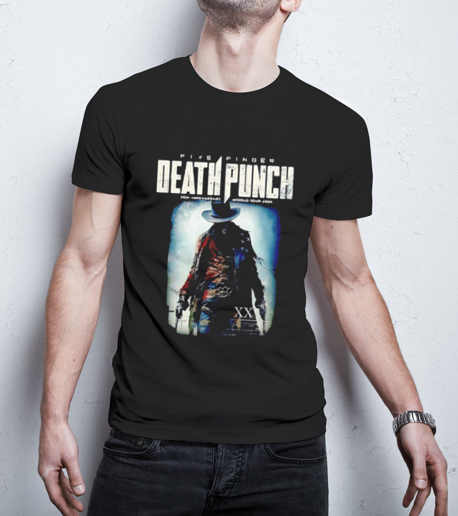 Five Finger Death Punch 20th Anniversary World Tour 2026 Cowboy Imagery With Knuckle Duster And Pistols T-Shirt