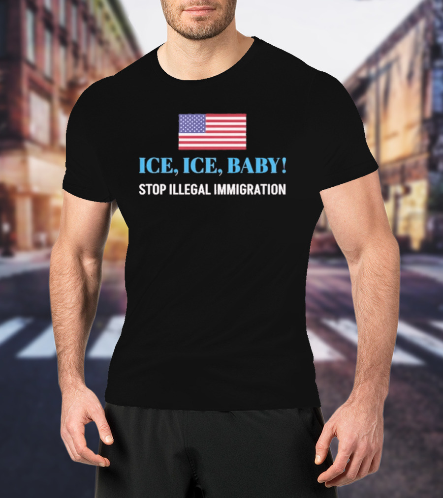 ICE ICE BABY Stop Illegal Immigration USA Flag T-Shirt