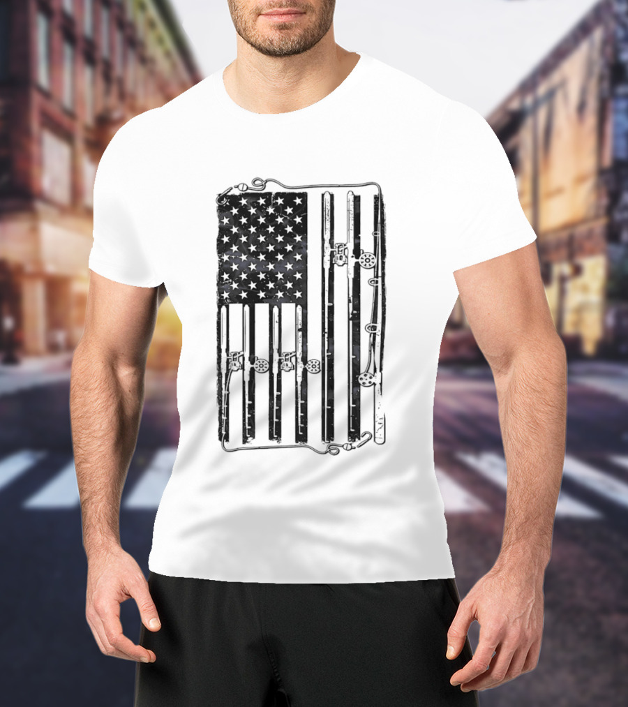 Distressed American Flag Fishing Rod Patriotic USA Angling Stars And Stripes T-Shirt