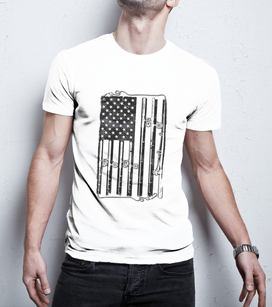 Distressed American Flag Fishing Rod Patriotic USA Angling Stars And Stripes T-Shirt