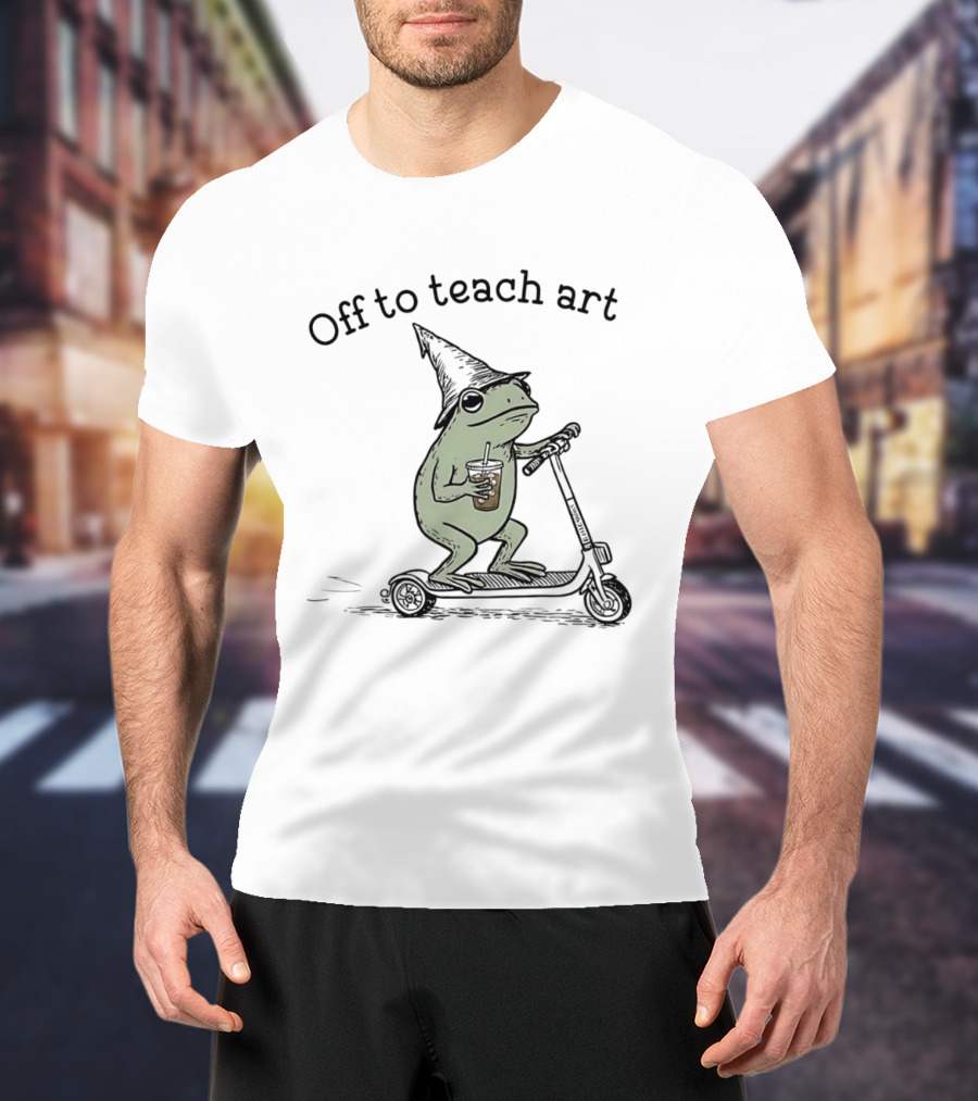 Frog Off To Teach Art With Iced Coffee On Scooter T-Shirt