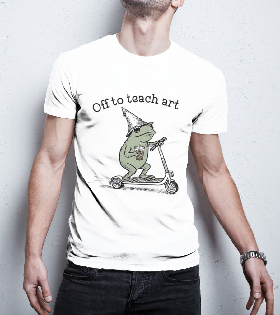 Frog Off To Teach Art With Iced Coffee On Scooter T-Shirt