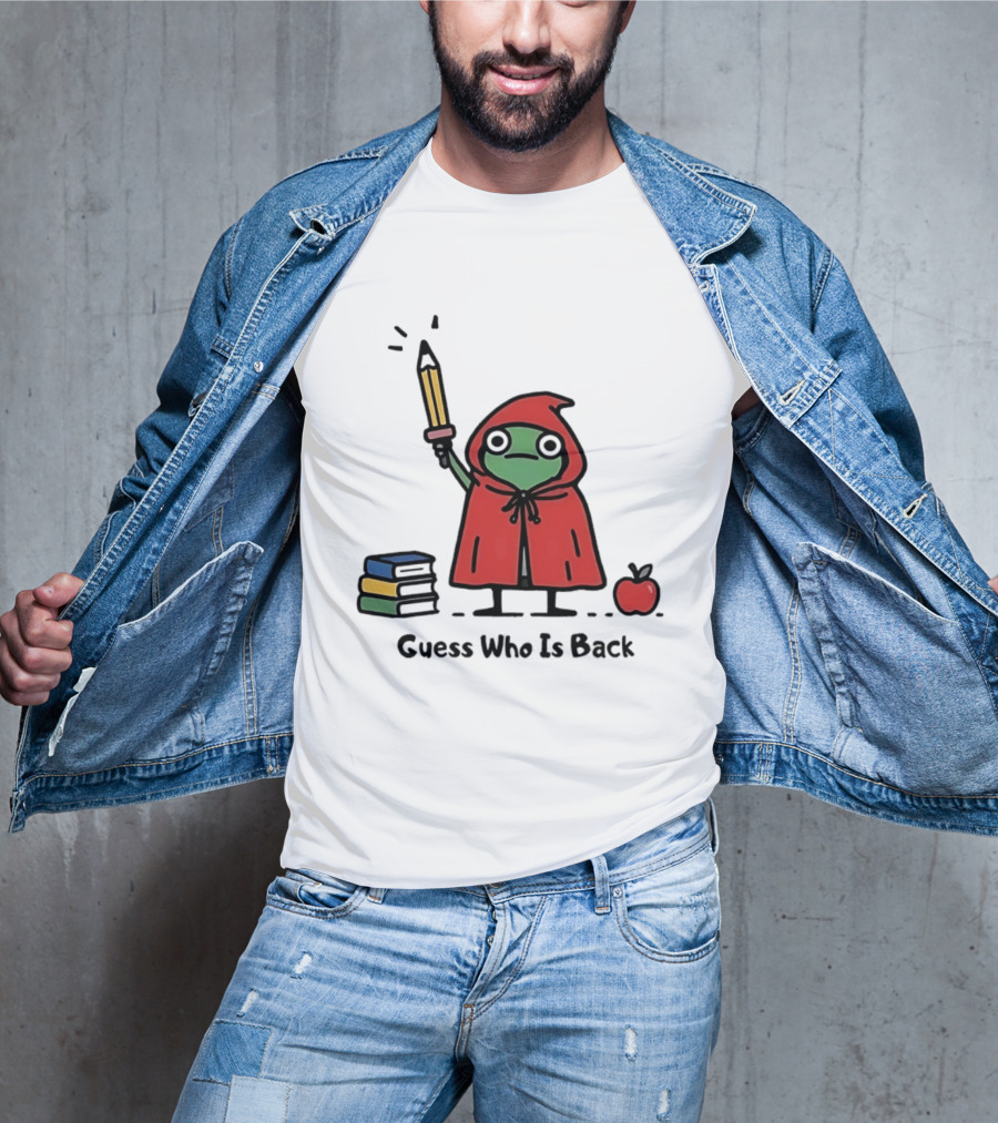 Guess Who Is Back Frog In Red Cape With Pencil Books And Apple T-Shirt