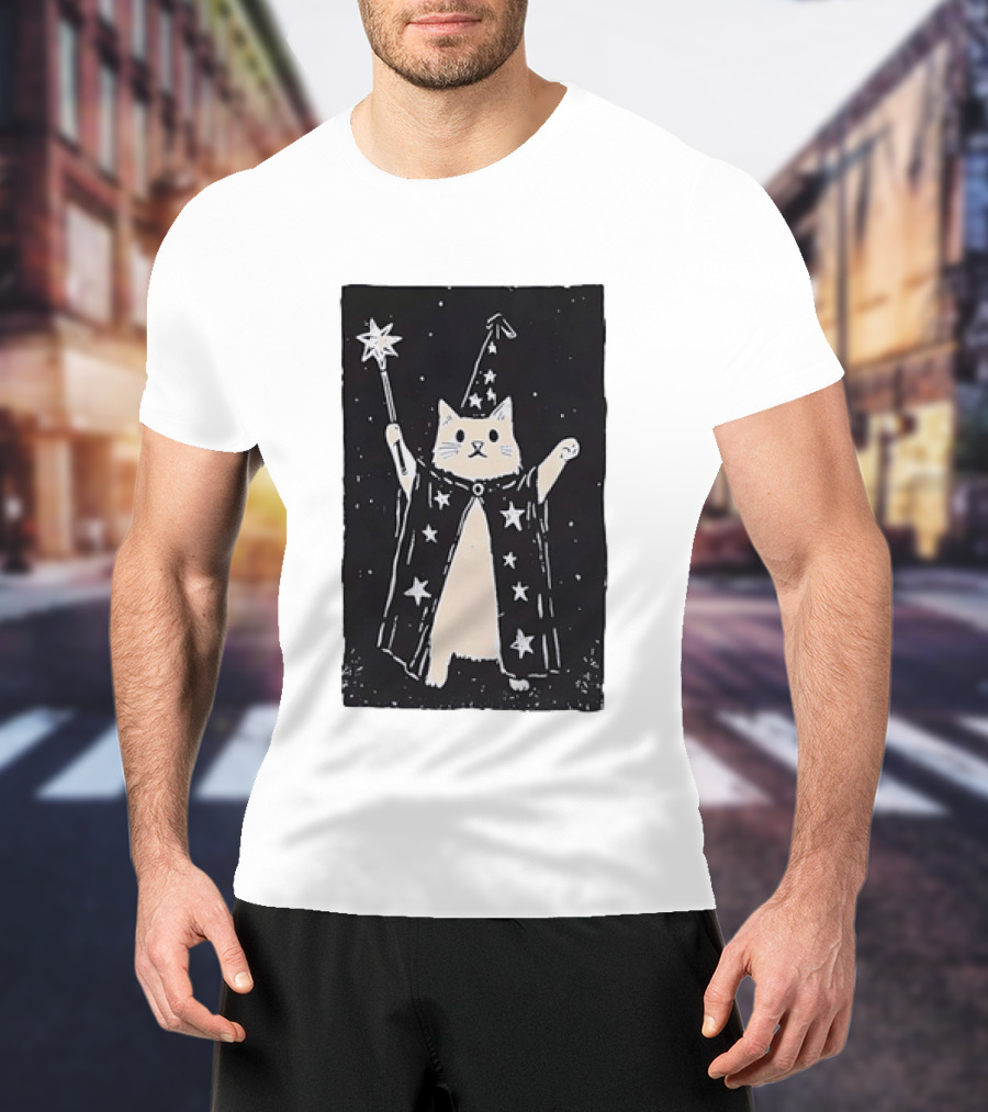 The Magician Cat Tarot Card Wizard Hat Starry Cloak Magic Wand T-Shirt
