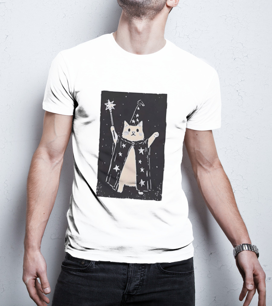The Magician Cat Tarot Card Wizard Hat Starry Cloak Magic Wand T-Shirt