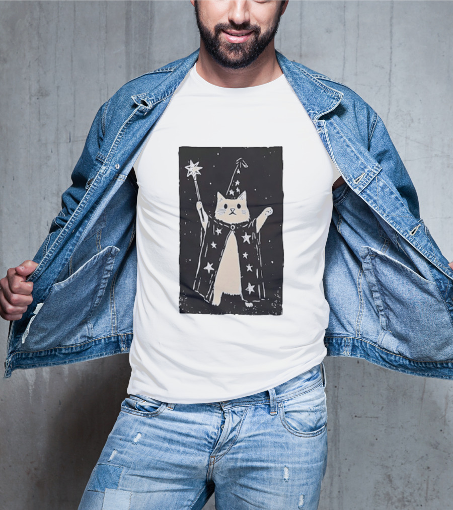 The Magician Cat Tarot Card Wizard Hat Starry Cloak Magic Wand T-Shirt