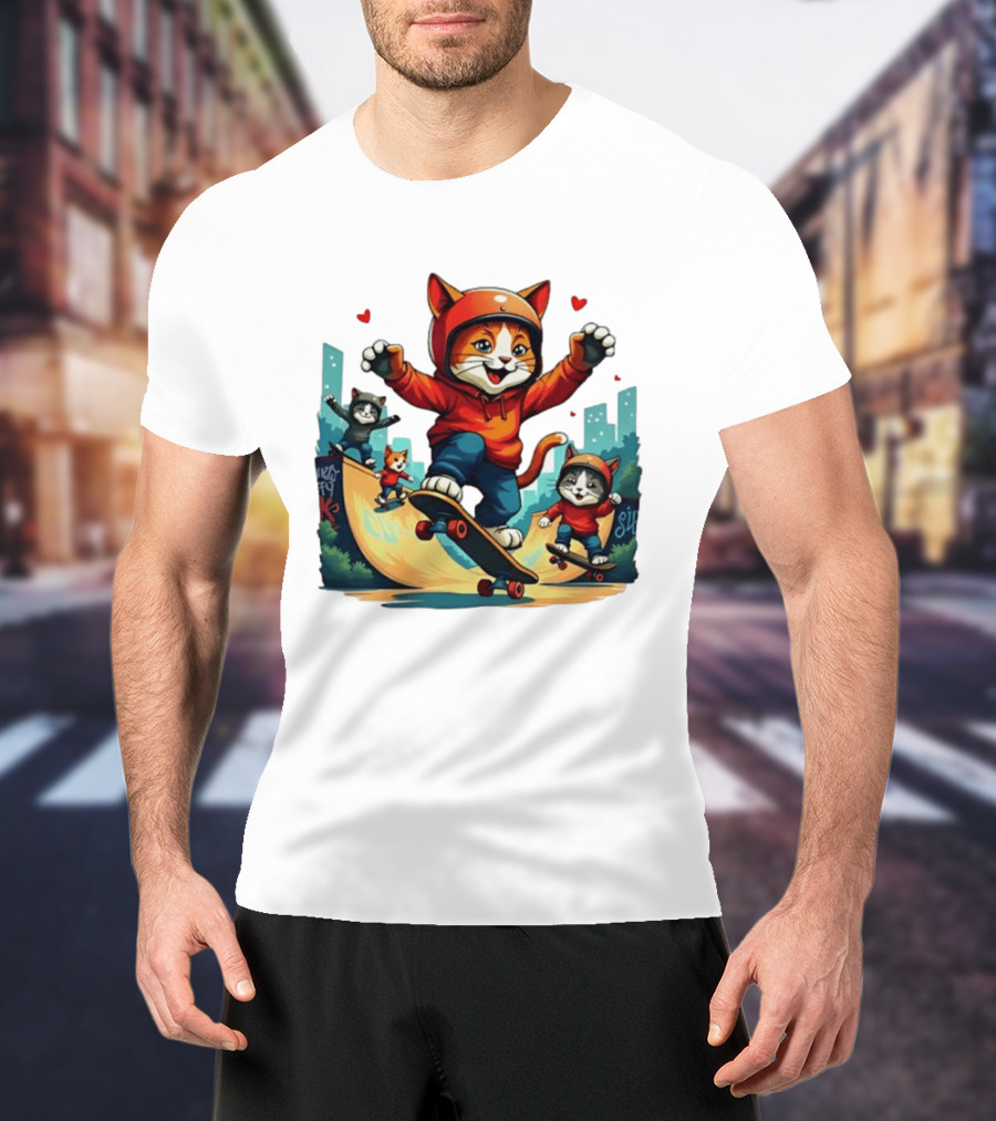 Skateboarding Cats In Helmets With Hearts And Cityscape T-Shirt