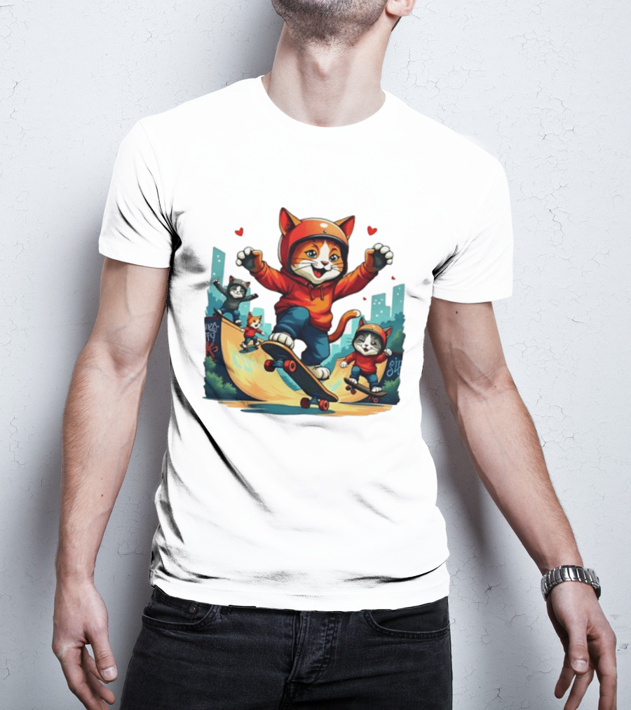 Skateboarding Cats In Helmets With Hearts And Cityscape T-Shirt