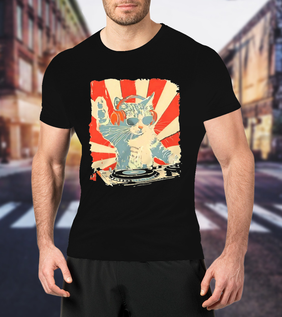 DJ Cat Headphones Sunglasses Retro Style Music Lover T-Shirt