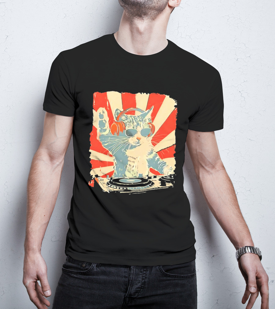 DJ Cat Headphones Sunglasses Retro Style Music Lover T-Shirt