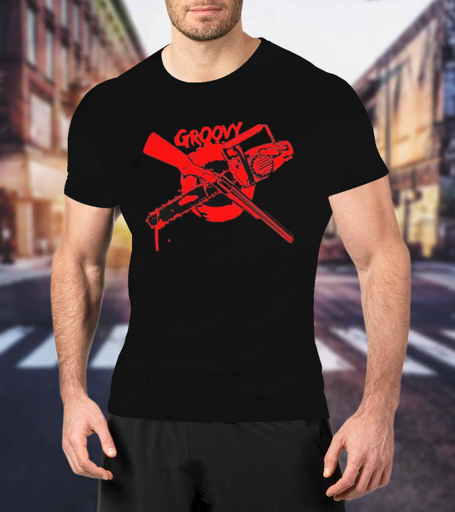 Ash Williams Evil Dead Groovy Chainsaw Shotgun T-Shirt