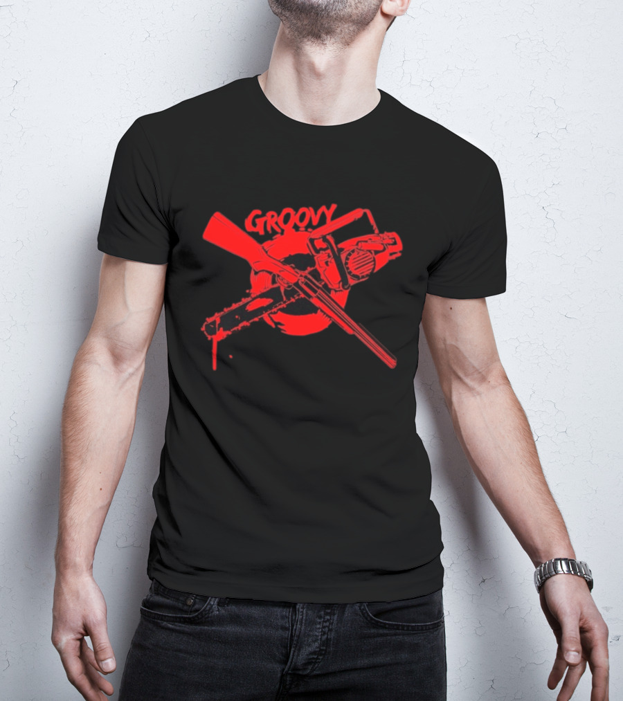 Ash Williams Evil Dead Groovy Chainsaw Shotgun T-Shirt
