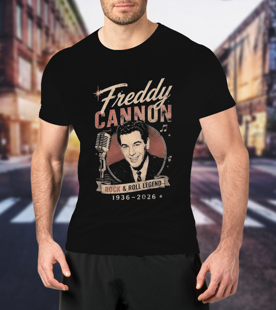 Freddy Cannon Rock & Roll Legend In Loving Memory 1936 2026 Microphone Musical Notes T-Shirt