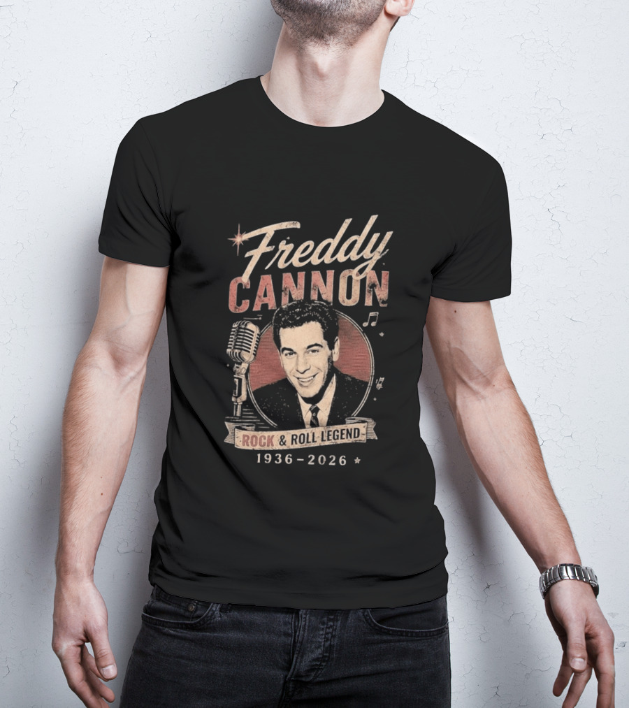 Freddy Cannon Rock & Roll Legend In Loving Memory 1936 2026 Microphone Musical Notes T-Shirt